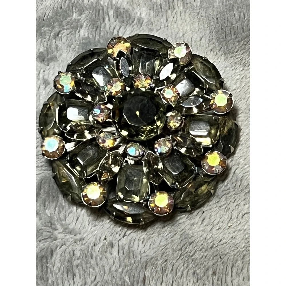 Vintage Smoky Gray Rhinestone Brooch AB Crystal Statement Pin Retro Glam Chic